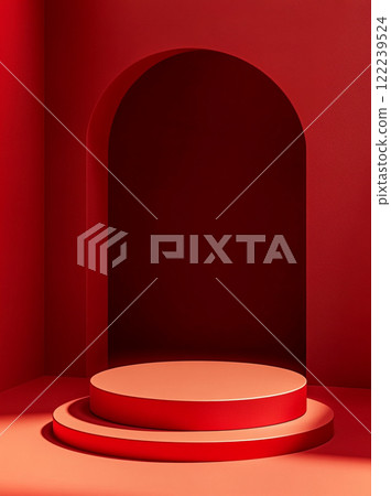 Red background, empty product display podium on red floor with dark maroon background. Simple and clean design. 122239524