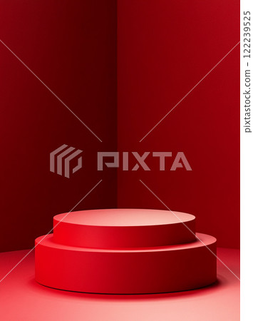Red background, empty product display podium on red floor with dark maroon background. Simple and clean design. 122239525