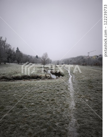 Frozen path winding through a frosty meadow in prague Nature park Smetanka Frozen path winding through a frosty meadow in prague Nature park Smetanka 122239733