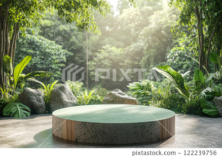 A circular stone platform is surrounded by lush, dense tropical foliage with various green leaves and some pink flowers, set in a misty, jungle-like environment. 122239756