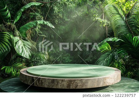 A circular stone platform is surrounded by lush, dense tropical foliage with various green leaves and some pink flowers, set in a misty, jungle-like environment. A circular stone platform is surrounded by lush, dense tropical foliage with various green leaves and some pink flowers, set in a misty, jungle-like environment. 122239757
