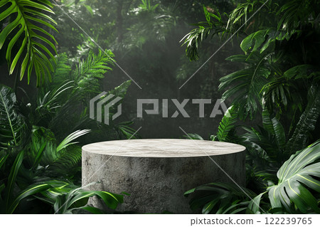 A circular stone platform is surrounded by lush, dense tropical foliage with various green leaves and some pink flowers, set in a misty, jungle-like environment. A circular stone platform is surrounded by lush, dense tropical foliage with various green leaves and some pink flowers, set in a misty, jungle-like environment. 122239765
