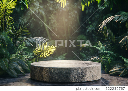 A circular stone platform is surrounded by lush, dense tropical foliage with various green leaves and some pink flowers, set in a misty, jungle-like environment. A circular stone platform is surrounded by lush, dense tropical foliage with various green leaves and some pink flowers, set in a misty, jungle-like environment. 122239767