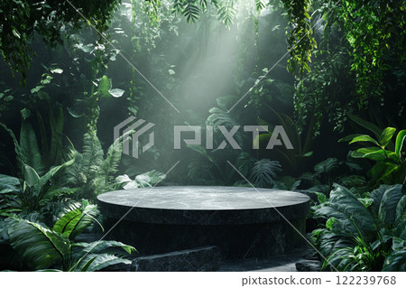 A circular stone platform is surrounded by lush, dense tropical foliage with various green leaves and some pink flowers, set in a misty, jungle-like environment. A circular stone platform is surrounded by lush, dense tropical foliage with various green leaves and some pink flowers, set in a misty, jungle-like environment. 122239768