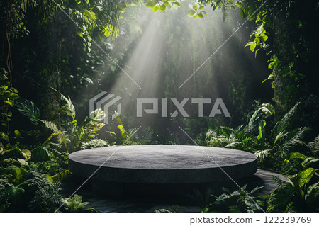 A circular stone platform is surrounded by lush, dense tropical foliage with various green leaves and some pink flowers, set in a misty, jungle-like environment. A circular stone platform is surrounded by lush, dense tropical foliage with various green leaves and some pink flowers, set in a misty, jungle-like environment. 122239769