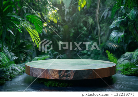 A circular stone platform is surrounded by lush, dense tropical foliage with various green leaves and some pink flowers, set in a misty, jungle-like environment. 122239775