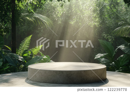 A circular stone platform is surrounded by lush, dense tropical foliage with various green leaves and some pink flowers, set in a misty, jungle-like environment. A circular stone platform is surrounded by lush, dense tropical foliage with various green leaves and some pink flowers, set in a misty, jungle-like environment. 122239778