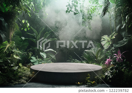A circular stone platform is surrounded by lush, dense tropical foliage with various green leaves and some pink flowers, set in a misty, jungle-like environment. A circular stone platform is surrounded by lush, dense tropical foliage with various green leaves and some pink flowers, set in a misty, jungle-like environment. 122239782