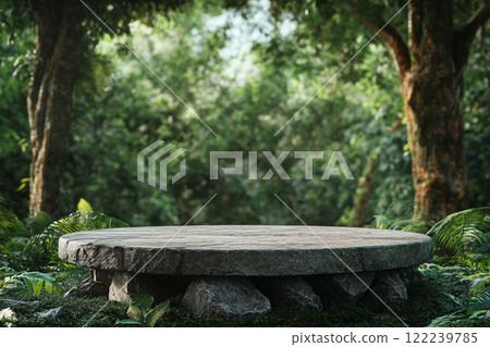 A circular stone platform is surrounded by lush, dense tropical foliage with various green leaves and some pink flowers, set in a misty, jungle-like environment. A circular stone platform is surrounded by lush, dense tropical foliage with various green leaves and some pink flowers, set in a misty, jungle-like environment. 122239785