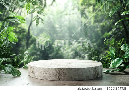 A circular stone platform is surrounded by lush, dense tropical foliage with various green leaves and some pink flowers, set in a misty, jungle-like environment. A circular stone platform is surrounded by lush, dense tropical foliage with various green leaves and some pink flowers, set in a misty, jungle-like environment. 122239786