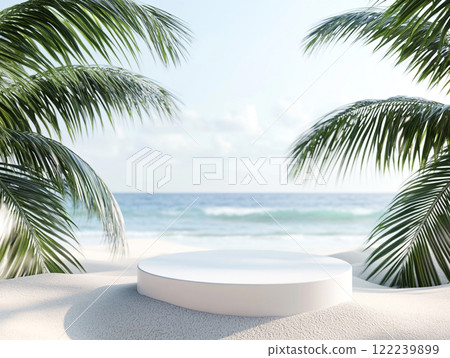 A serene beach scene with trees framing a circular white platform, surrounded by sand and tropical plants, with the ocean in the background. 122239899