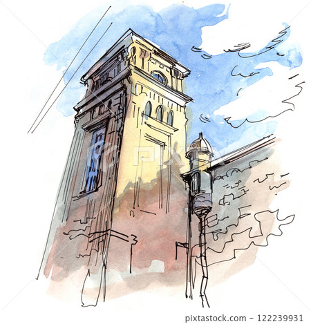 Painted watercolor landscape with a building in the foreground 122239931