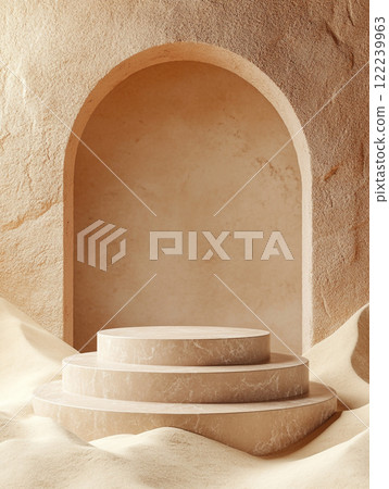 A rough stone slab sits on a sandy surface, surrounded by leaves casting shadows. The scene evokes a desert or tropical environment, highlighting the interplay of light and natural textures. A rough stone slab sits on a sandy surface, surrounded by leaves casting shadows. The scene evokes a desert or tropical environment, highlighting the interplay of light and natural textures. 122239963