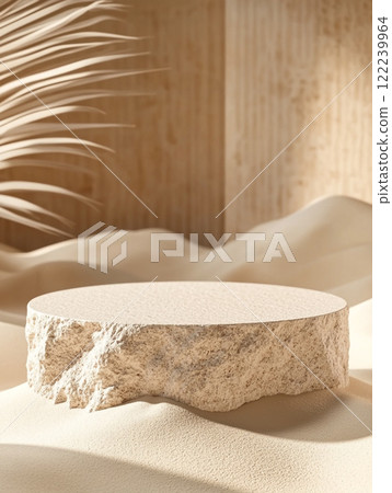 A rough stone slab sits on a sandy surface, surrounded by leaves casting shadows. The scene evokes a desert or tropical environment, highlighting the interplay of light and natural textures. 122239964