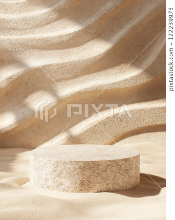 A rough stone slab sits on a sandy surface, surrounded by leaves casting shadows. The scene evokes a desert or tropical environment, highlighting the interplay of light and natural textures. 122239973