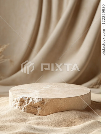 A rough stone slab sits on a sandy surface, surrounded by leaves casting shadows. The scene evokes a desert or tropical environment, highlighting the interplay of light and natural textures. A rough stone slab sits on a sandy surface, surrounded by leaves casting shadows. The scene evokes a desert or tropical environment, highlighting the interplay of light and natural textures. 122239980