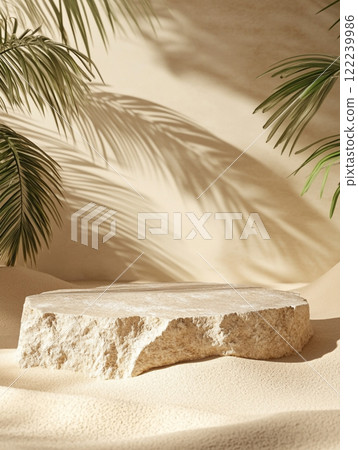 A rough stone slab sits on a sandy surface, surrounded by leaves casting shadows. The scene evokes a desert or tropical environment, highlighting the interplay of light and natural textures. 122239986