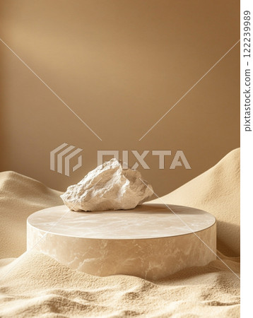 A rough stone slab sits on a sandy surface, surrounded by leaves casting shadows. The scene evokes a desert or tropical environment, highlighting the interplay of light and natural textures. 122239989