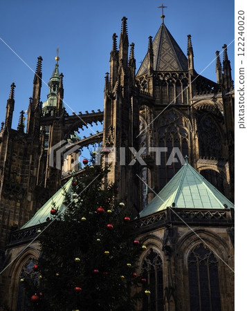 Christmas tree standing tall in front of st. Vitus cathedral in prague copy space Christmas tree standing tall in front of st. Vitus cathedral in prague copy space 122240020
