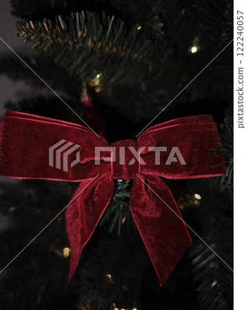 Red velvet bow hanging on christmas tree with lights in prague 122240057