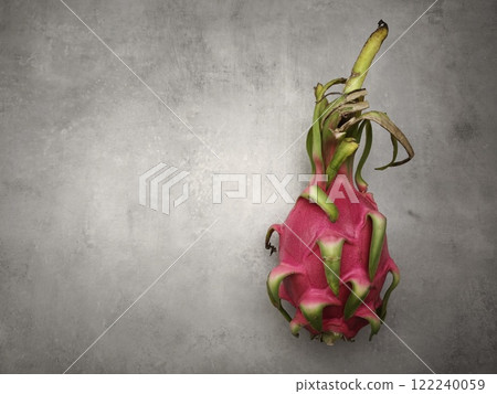 Vibrant dragon fruit resting on a textured grey surface in prague Vibrant dragon fruit resting on a textured grey surface in prague 122240059