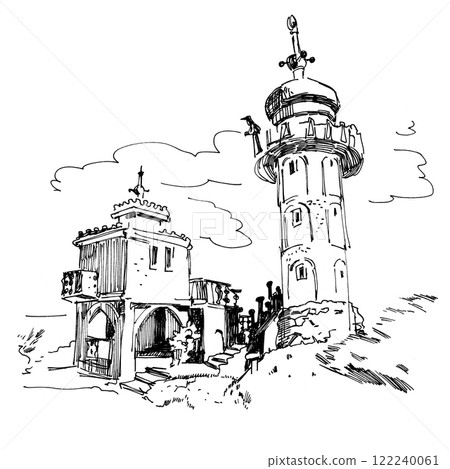 Painted outline landscape with a building in the foreground 122240061