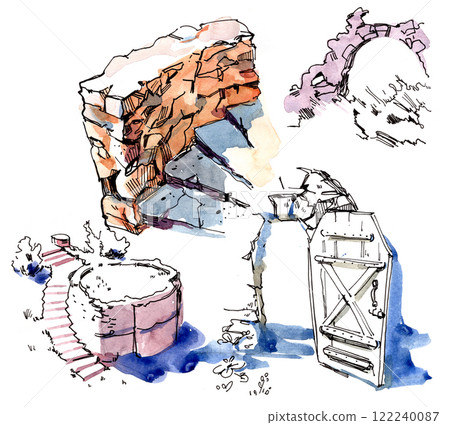 Watercolor painted fragments of architecture Watercolor painted fragments of architecture 122240087