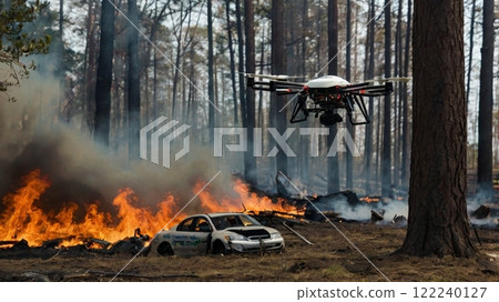 [16:9 version] Drone image: Drone monitoring the situation at a fire scene, 4 arms, white, black 122240127