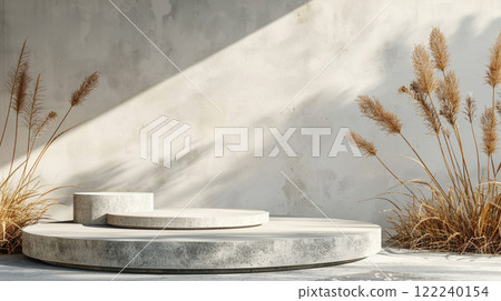 Concrete podiums and dry grass, mock-up background for your product presentation. Copy space template. Concrete podiums and dry grass, mock-up background for your product presentation. Copy space template. 122240154