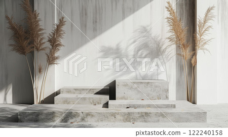 Concrete podiums and dry grass, mock-up background for your product presentation. Copy space template.   122240158