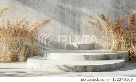 Concrete podiums and dry grass, mock-up background for your product presentation. Copy space template.   122240169