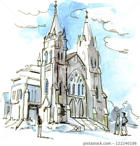 Painted watercolor landscape with a building in the foreground 122240186