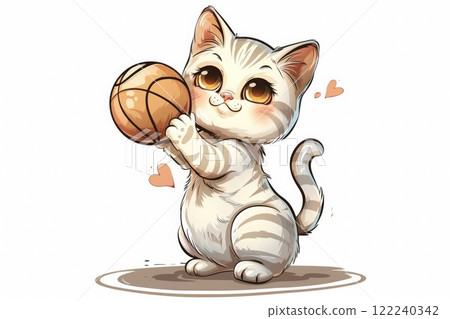 Ai generated Illustration of cute kitty playing basketball isolated in white background Ai generated Illustration of cute kitty playing basketball isolated in white background 122240342