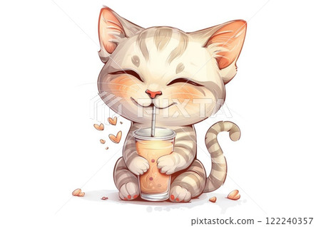 Ai generated Illustration of cute striped gray kitty drinking juice cocktail 122240357