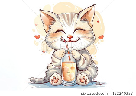 Ai generated Illustration of cute striped gray kitty drinking juice cocktail 122240358
