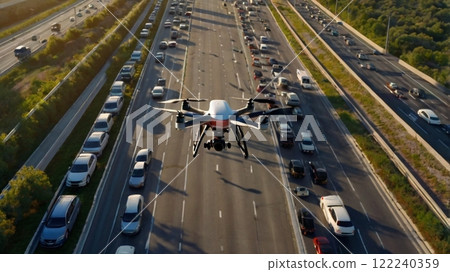 [16:9版本]無人機影像無人機檢查高速公路上的車流4臂白色黑色 122240359