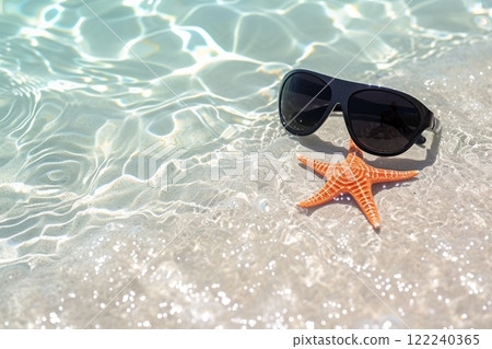 Ai generated Beach with starfish and sunglasses on seashore. Summertime vacation concept. 122240365