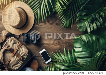 Ai generated Summer composition on a wooden brown background with copy space. 122240371
