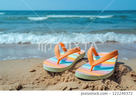 Ai generated Yellow flip flops on sandy ocean tropical beach with sea wave and blue sky 122240372