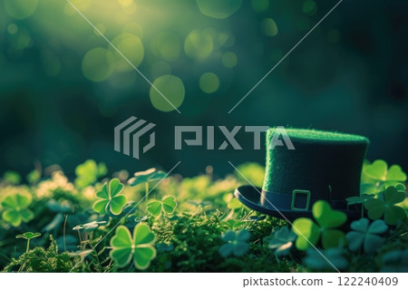 Ai generated Green hat with shamrock and clover leaves on green grass background 122240409