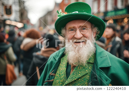 Ai generated Man with gray beard in green Leprechaun hat standing outdoors in the city 122240410