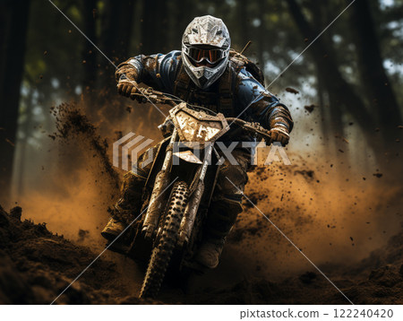 A dirt bike motorcycle is being ridden on a muddy off road. A dirt bike motorcycle is being ridden on a muddy off road. 122240420