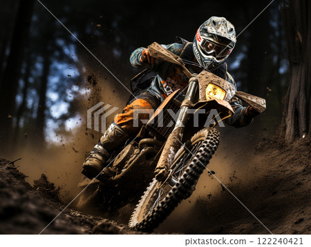 A dirt bike motorcycle is being ridden on a muddy off road. 122240421