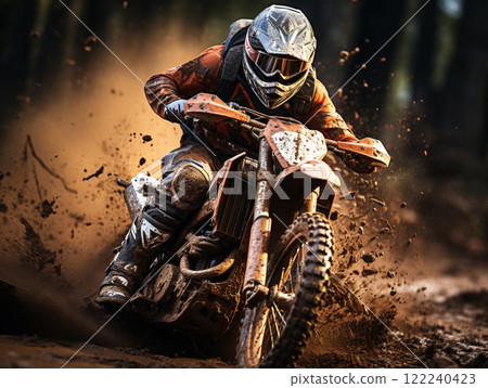 A dirt bike motorcycle is being ridden on a muddy off road. A dirt bike motorcycle is being ridden on a muddy off road. 122240423