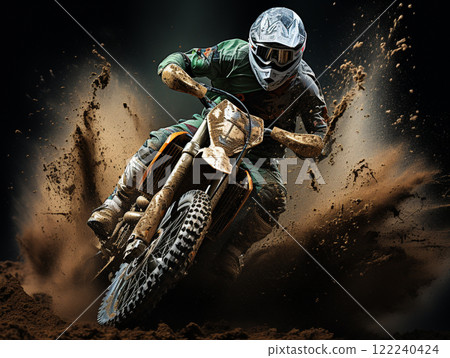 A dirt bike motorcycle is being ridden on a muddy off road. A dirt bike motorcycle is being ridden on a muddy off road. 122240424