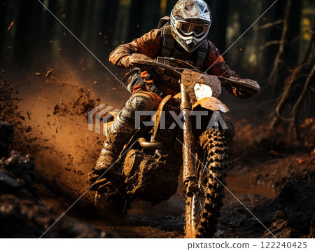 A dirt bike motorcycle is being ridden on a muddy off road. A dirt bike motorcycle is being ridden on a muddy off road. 122240425