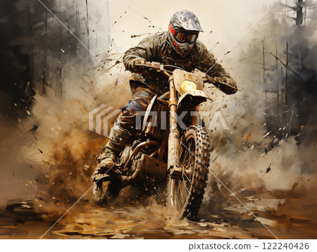 A dirt bike motorcycle is being ridden on a muddy off road. 122240426