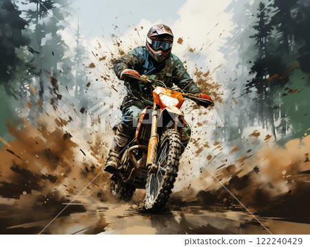 A dirt bike motorcycle is being ridden on a muddy off road. A dirt bike motorcycle is being ridden on a muddy off road. 122240429