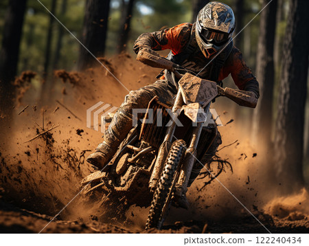 A dirt bike motorcycle is being ridden on a muddy off road. A dirt bike motorcycle is being ridden on a muddy off road. 122240434