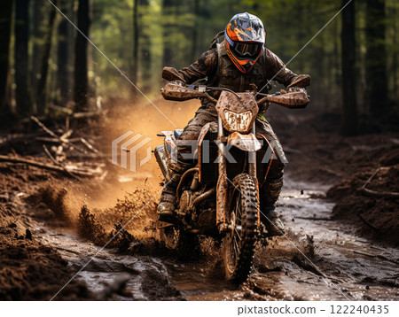 A dirt bike motorcycle is being ridden on a muddy off road. 122240435